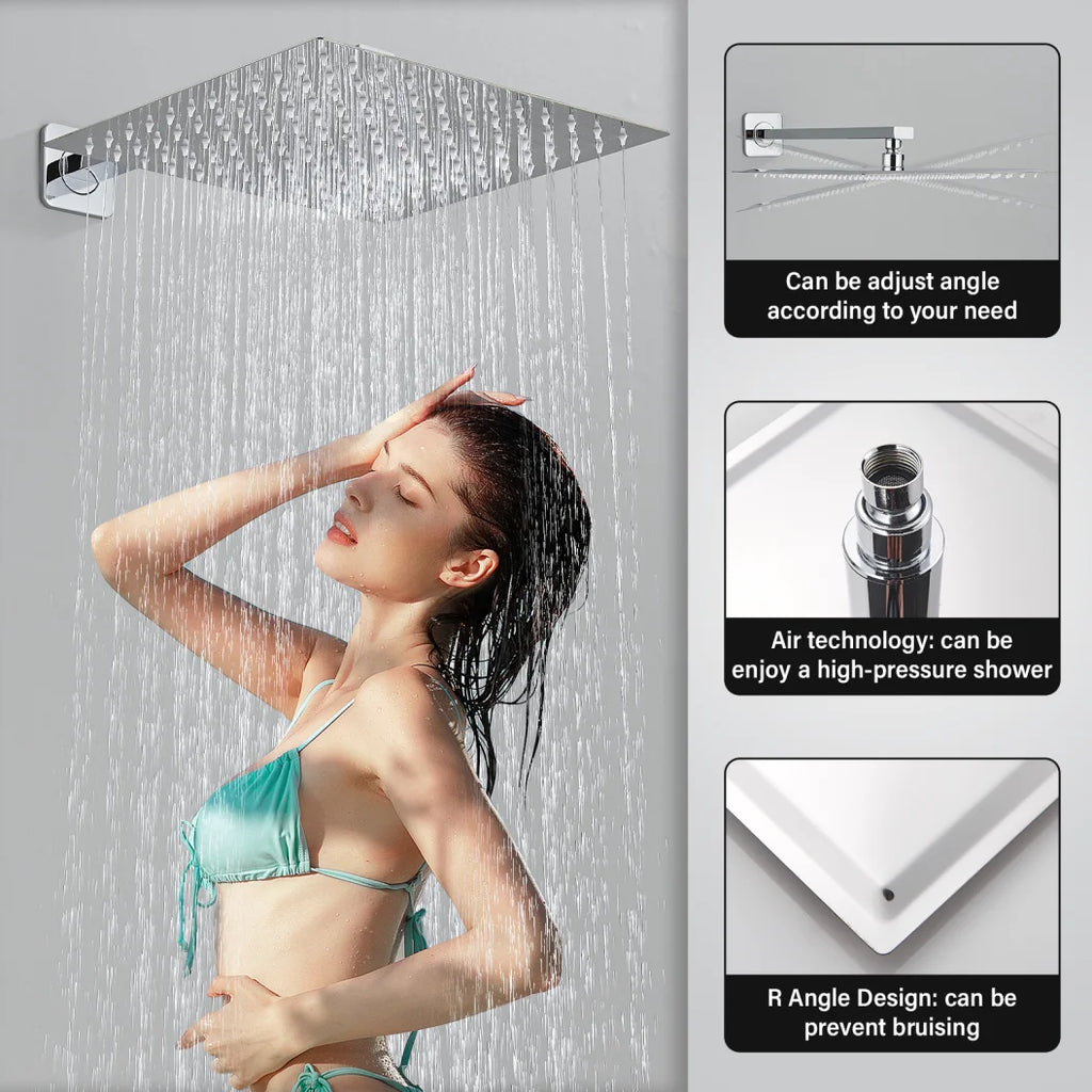 Matte Black Rain Shower Head 8/10/12 Inch Bathroom Square Shower Head and Shower Arm Wall Mounted Shower Faucet